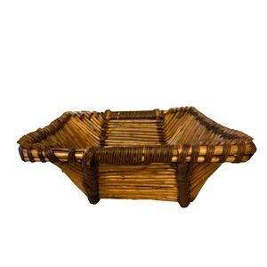 Vintage Pencil Reed Bamboo Square Basket Handles Two Tone MCM Approximately 9"